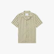 The Les Deux Klark Stripe Poplin SS Shirt is a short-sleeved, button-up made from lightweight poplin, featuring green, beige, and white vertical stripes with a relaxed camp collar, shown on a plain white background.