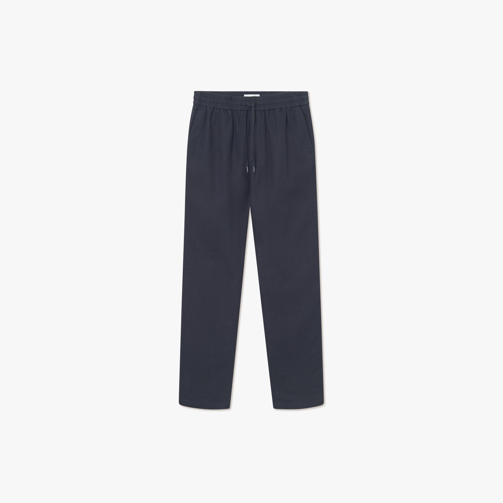 The Les Deux Patrick Linen Pants in Dark Navy feature an elastic waistband, straight legs, and side pockets. Made from breathable linen for a relaxed fit, they're shown on a plain white background.