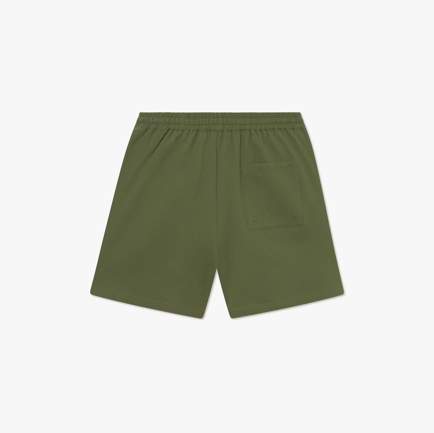 Les Deux Stan Seersucker Swim Shorts 2.0 in Chive Green feature an elasticated drawstring waist and single back pocket, shown flat on a white background.