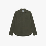 The Les Deux Hamilton Overshirt is a long-sleeve, dark green linen blend button-up with two chest pockets, shown on a plain white background.