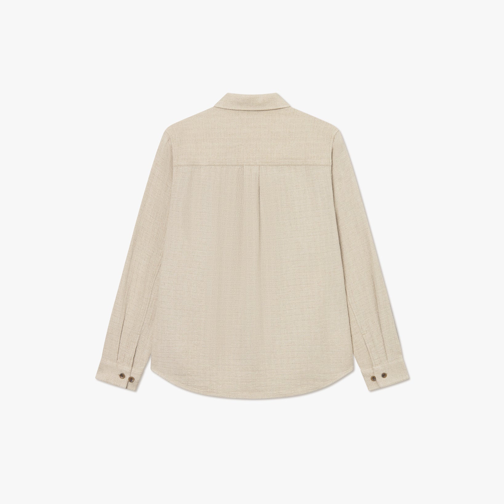 The Les Deux Hamilton Overshirt is shown from the back in beige, crafted from a breathable linen blend with a yoke, pleat detail, and buttoned cuffs.