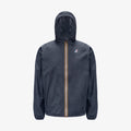 The K-Way Le Vrai 3.0 Claude in Blue Depth is a unisex, water-repellent jacket with a yellow and white striped front zipper and a small logo on the left chest, shown against a plain white background.