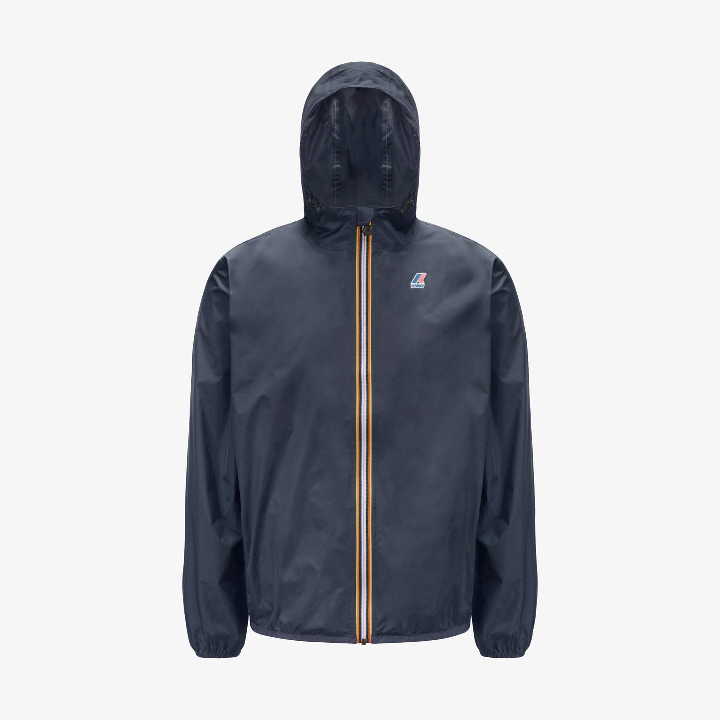 The K-Way Le Vrai 3.0 Claude in Blue Depth is a unisex, water-repellent jacket with a yellow and white striped front zipper and a small logo on the left chest, shown against a plain white background.