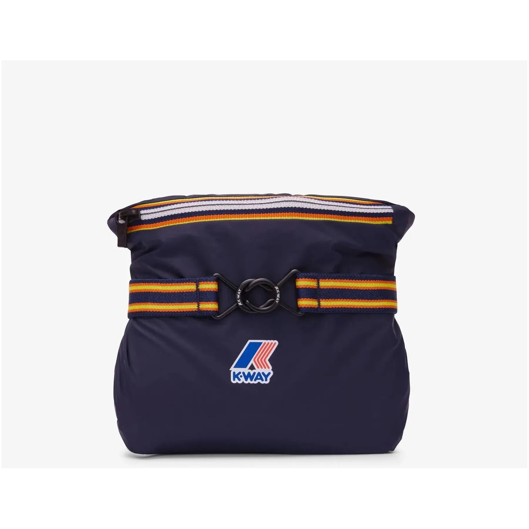 Le Vrai 3.0 Claude, Blue Depth k-way belt bag featuring multicolored stripes, a central logo, and a clasp closure.
