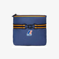 A blue indigo K-Way Le Vrai 3.0 Claude pouch with a zipper, orange and black striped strap, and front logo—ideal for carrying your packable, water-repellent unisex jacket.