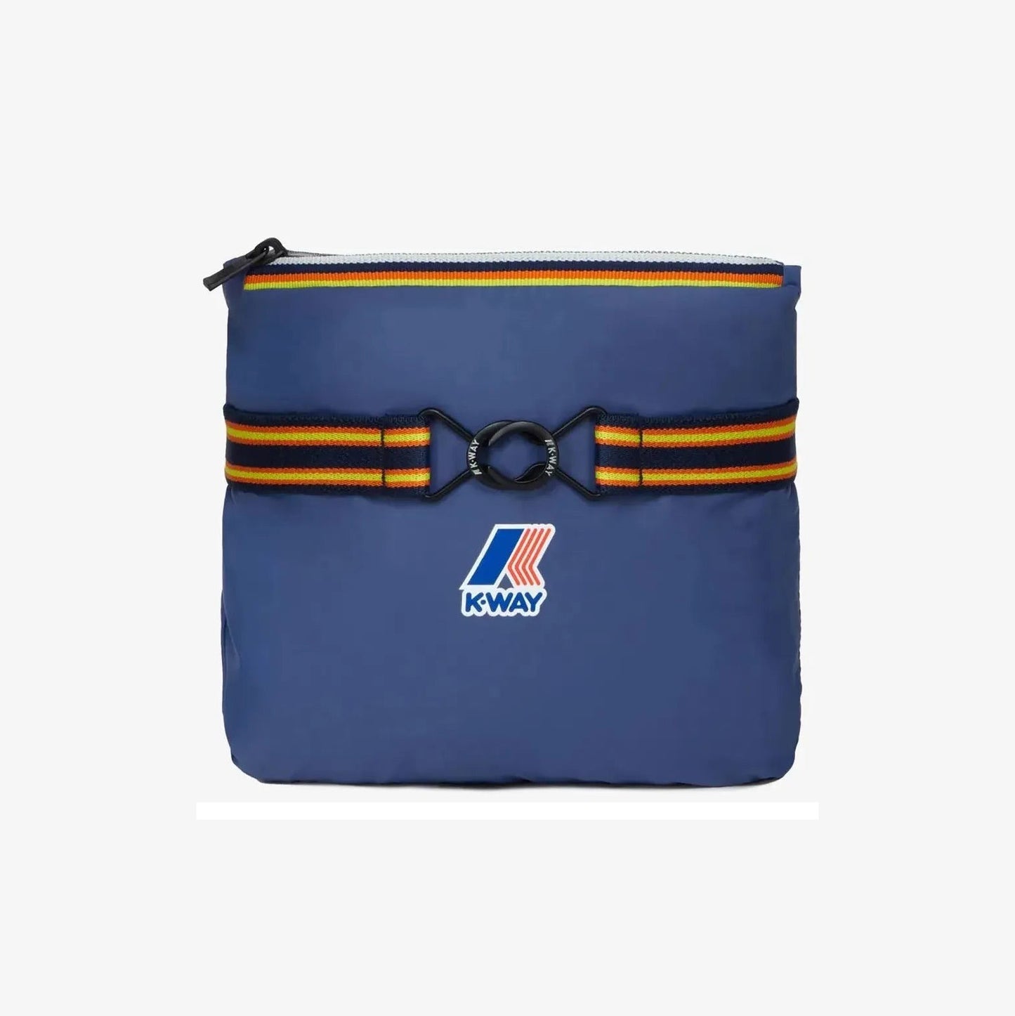 A blue indigo K-Way Le Vrai 3.0 Claude pouch with a zipper, orange and black striped strap, and front logo—ideal for carrying your packable, water-repellent unisex jacket.
