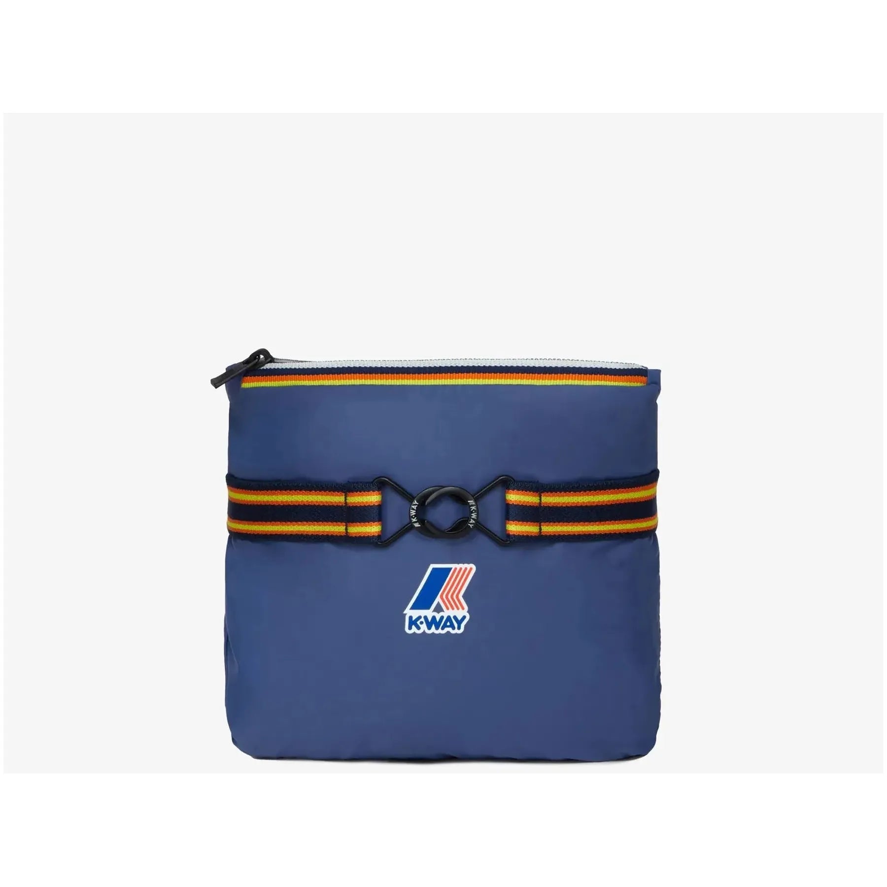 Blue K-Way Le Vrai 3.0 Claude shoulder bag with a striped strap and logo, featuring a black zipper and a circular buckle on a white background. This water-repellent bag is ideal for any weather conditions.