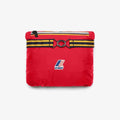 A red K-Way Le Vrai 3.0 Claude pouch features a black and yellow striped band, silver zipper, and front logo—ideal for storing your packable jacket—shown against a plain light background.