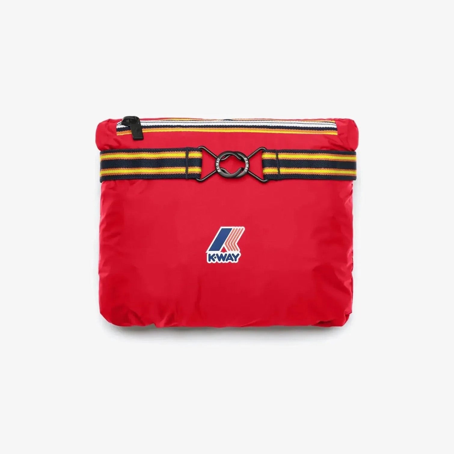 A red K-Way Le Vrai 3.0 Claude pouch features a black and yellow striped band, silver zipper, and front logo—ideal for storing your packable jacket—shown against a plain light background.
