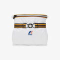 A white K-Way Le Vrai 3.0 Claude pouch with a yellow, navy, and orange striped strap and zipper, plus a front K-Way logo—ideal for carrying your packable jacket or windproof ripstop essentials.