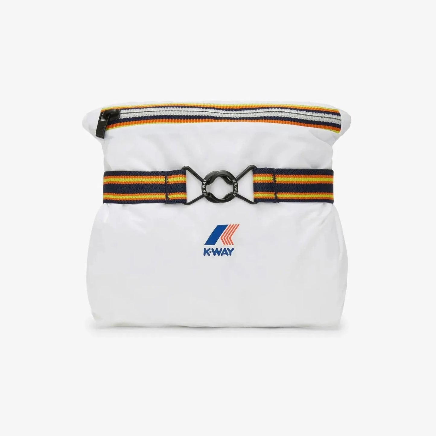 A white K-Way Le Vrai 3.0 Claude pouch with a yellow, navy, and orange striped strap and zipper, plus a front K-Way logo—ideal for carrying your packable jacket or windproof ripstop essentials.