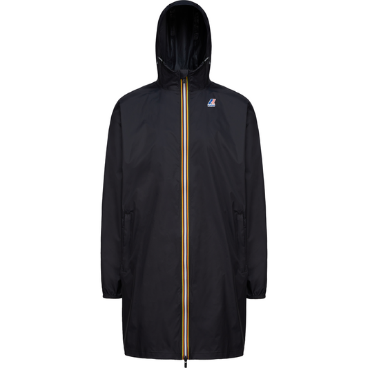 Black Le Vrai 3.0 Eiffel raincoat with a hood, crafted from waterproof, breathable ripstop fabric, featuring a visible yellow zipper running vertically down the front, branded with a small logo on the chest by K-Way.