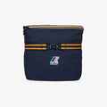 The K-Way Le Vrai 4.0 Rennes pouch in Bleu Depth features a yellow and orange striped strap, black plastic buckle, and front K-Way logo—ideal for stylishly carrying your packable rain gear or poncho.