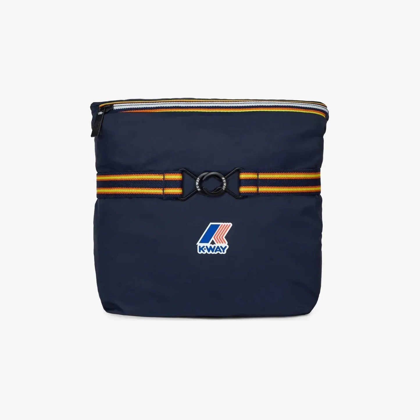 The K-Way Le Vrai 4.0 Rennes pouch in Bleu Depth features a yellow and orange striped strap, black plastic buckle, and front K-Way logo—ideal for stylishly carrying your packable rain gear or poncho.