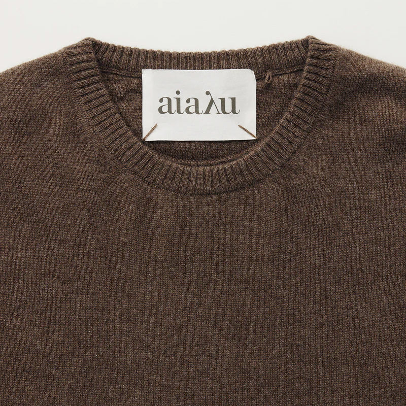 Close-up of a brown Leonardo Cashmere Sweater with a white label inside the collar, showcasing the brand name "Aiayu," ideal for a genderless wardrobe.
