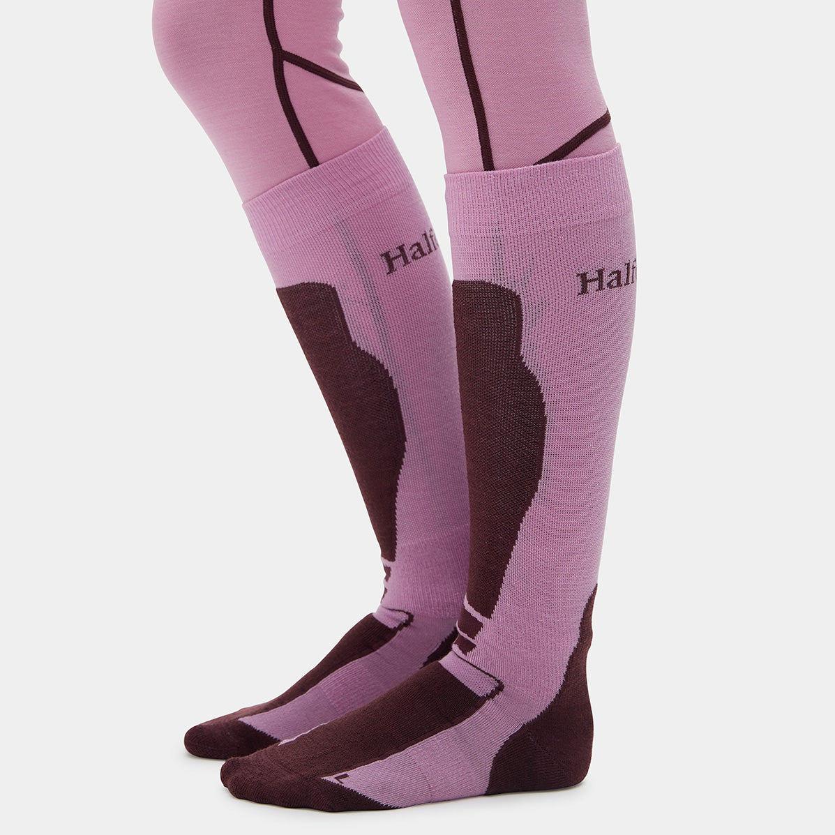 Purple and brown knee-high socks with 'Halfdays' branding on a white background