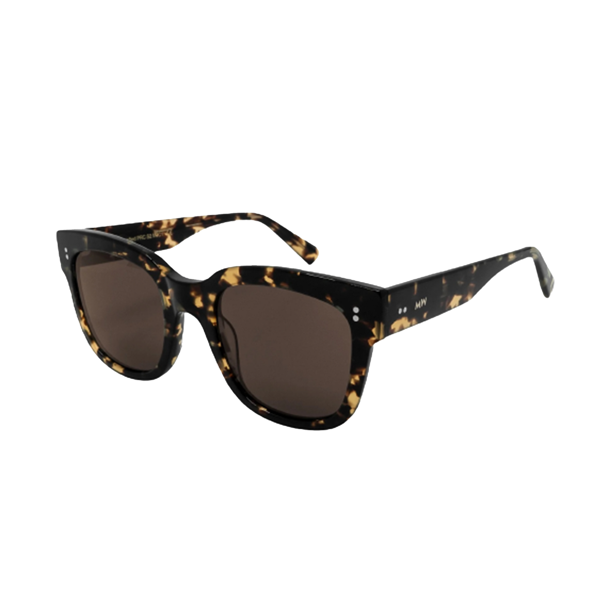 The Messyweekend Liv, Tortoise sunglasses feature unisex tortoiseshell acetate frames and dark UV400 lenses, shown at an angle against a black background.