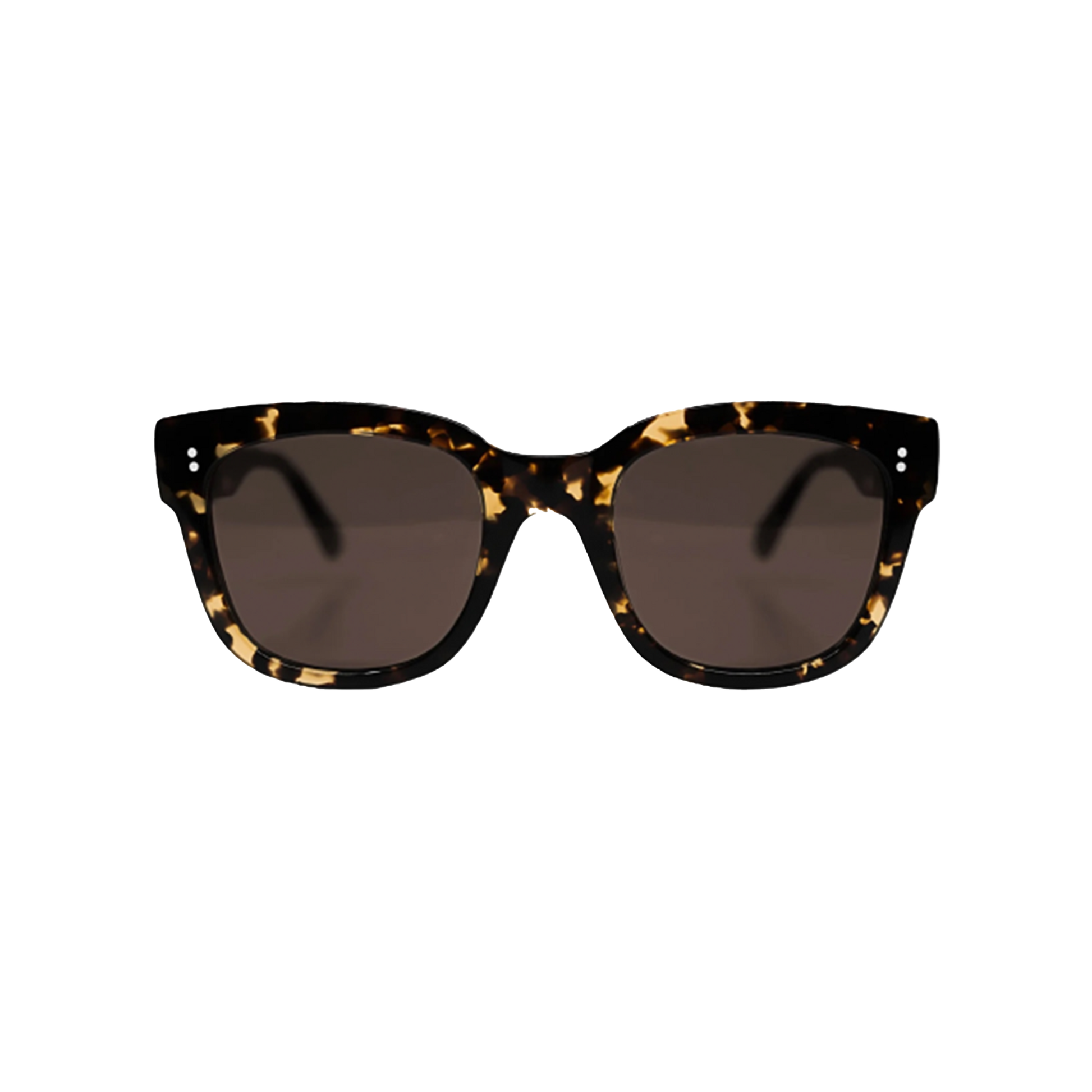 The Messyweekend Liv, Tortoise sunglasses feature a unisex tortoiseshell acetate frame, dark lenses with UV400 protection, and are shown from the front on a black background.