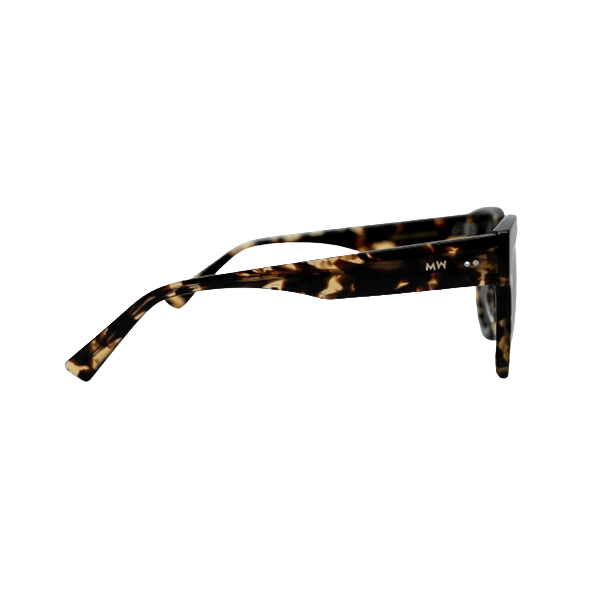 Side view of Messyweekend Liv, Tortoise eyeglasses with an acetate frame and "MW" initials on the temple, displayed against a plain black background.