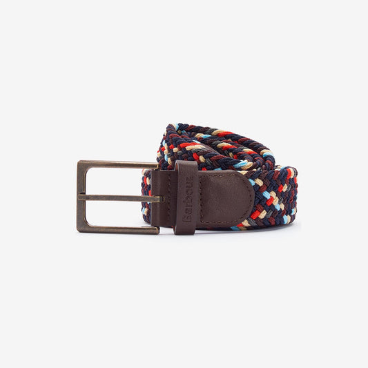 The Barbour Ford Belt features a woven mix of navy, red, blue, and white strands, accented with brown leather detail and a metal buckle. Shown against a plain white background.