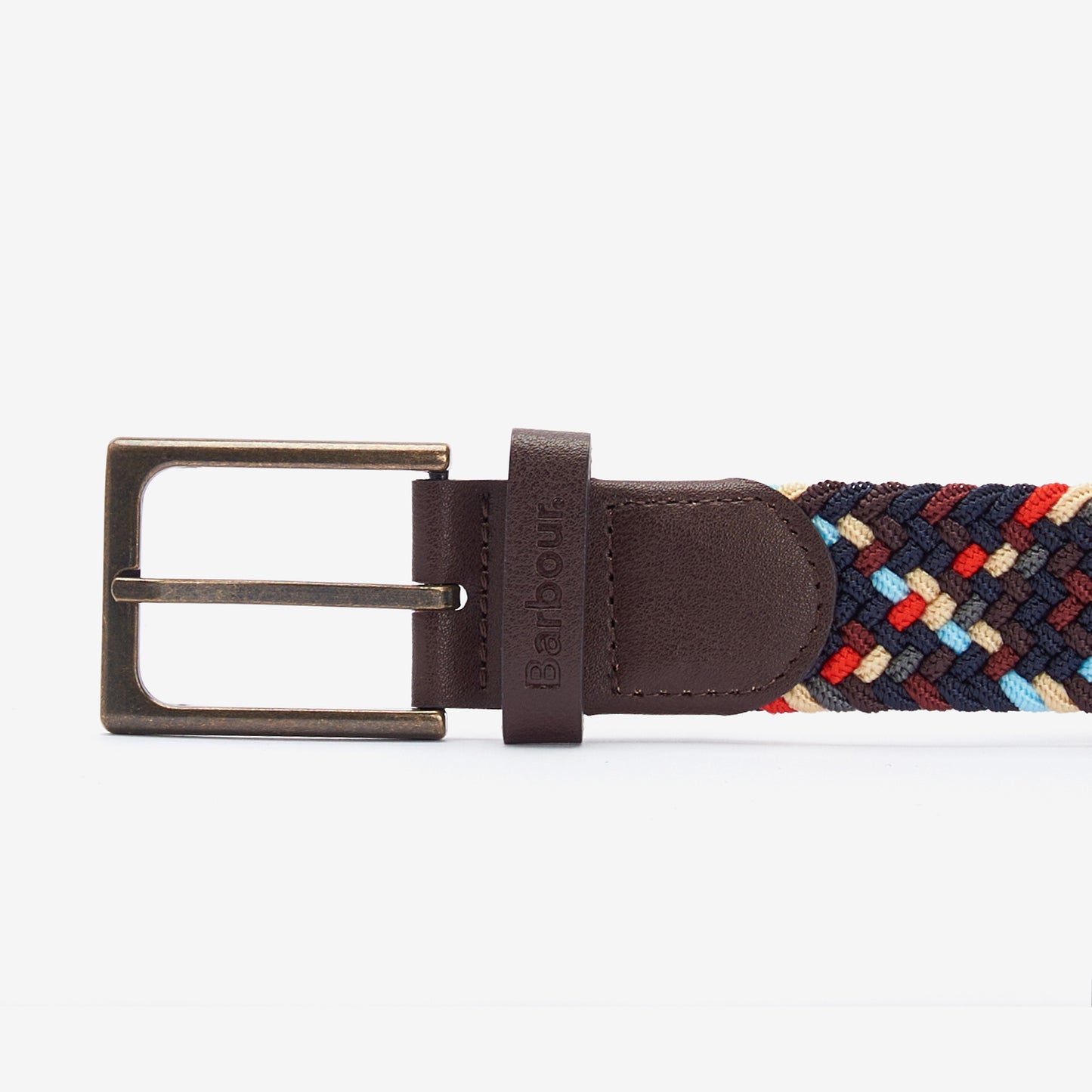 A close-up of the Barbour Ford Belt showcases its metal buckle, leather loop stamped "Barbour," and brown, blue, red, and beige woven strands.
