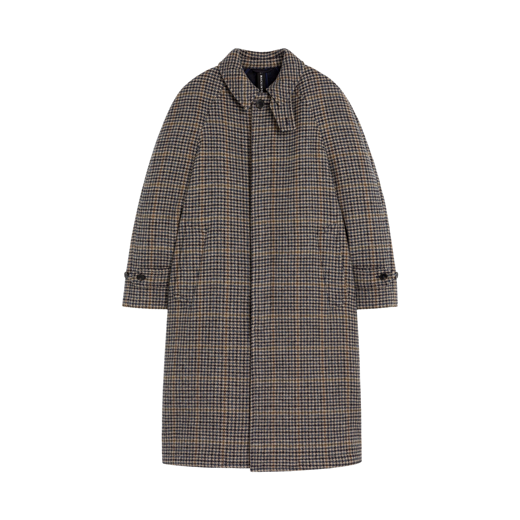 Mackintosh's M Boston Overcoat features a classic collar, buttoned cuffs, and a concealed front button placket in navy check.