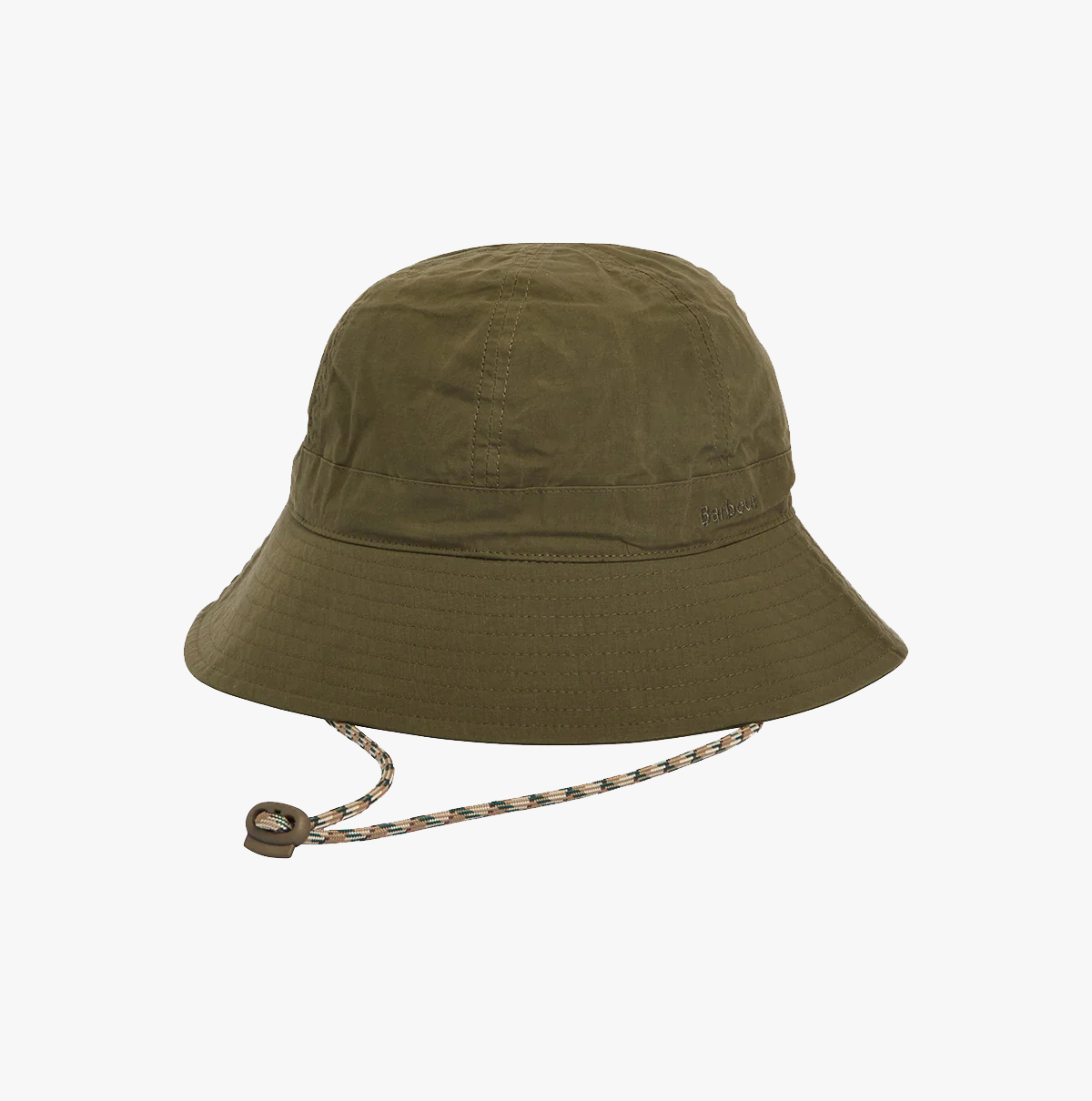 Barbour Transport 6 Panel Bucket Hat in olive green, featuring a slightly wide brim and multicolored chin strap, shown on a plain white background.
