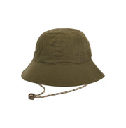 Barbour Transport 6 Panel Bucket Hat in olive green, featuring a wide brim and adjustable chin strap, shown on a white background.
