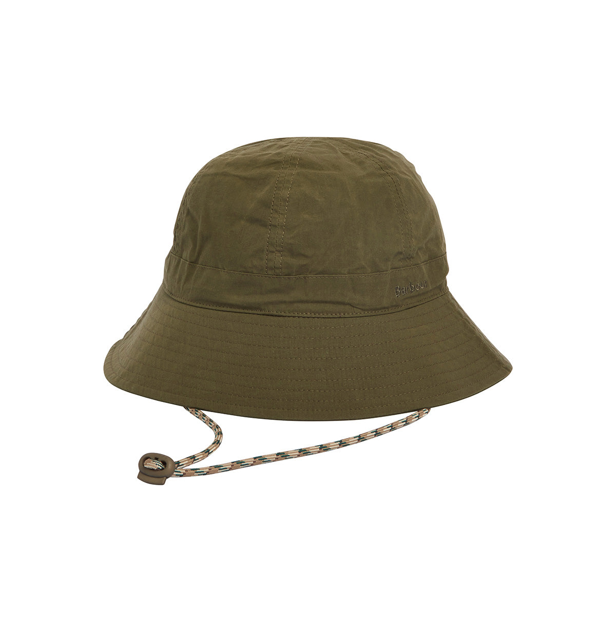 Barbour Transport 6 Panel Bucket Hat in olive green, featuring a wide brim and adjustable chin strap, shown on a white background.