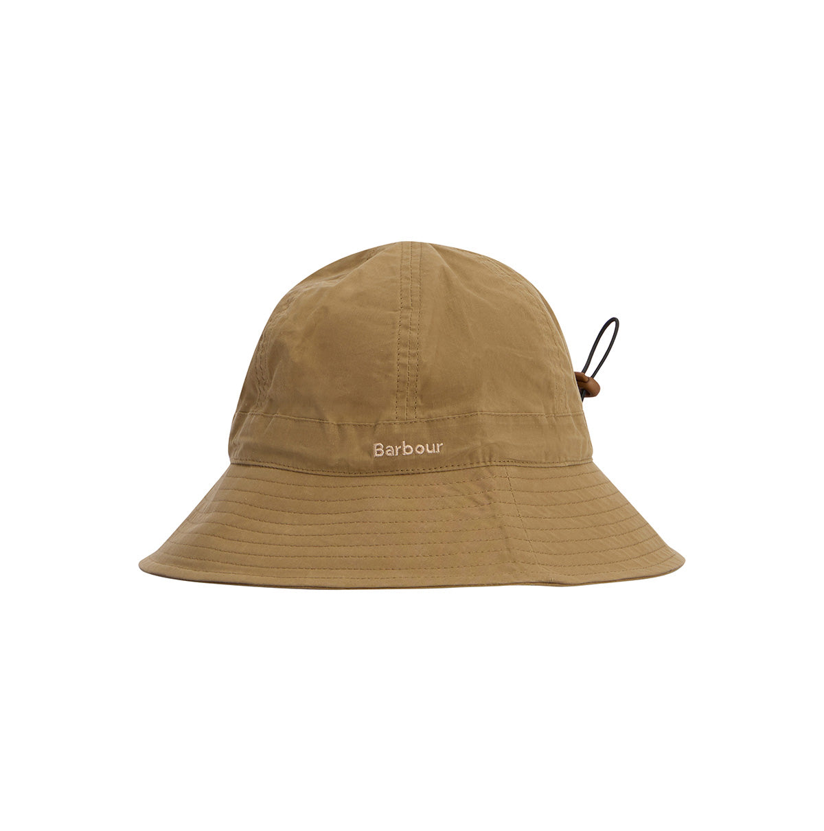 The Barbour Transport 6 Panel Bucket Hat features a light brown color, an embroidered "Barbour" logo on the front, and an adjustable drawcord at the back.