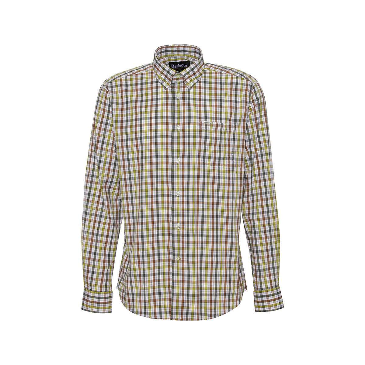 Barbour's Hallhill Performance Shirt is a classic long-sleeved, button-up with a green, blue, white, and brown check design. It’s made from performance fabric and includes a front pocket and smart collar.