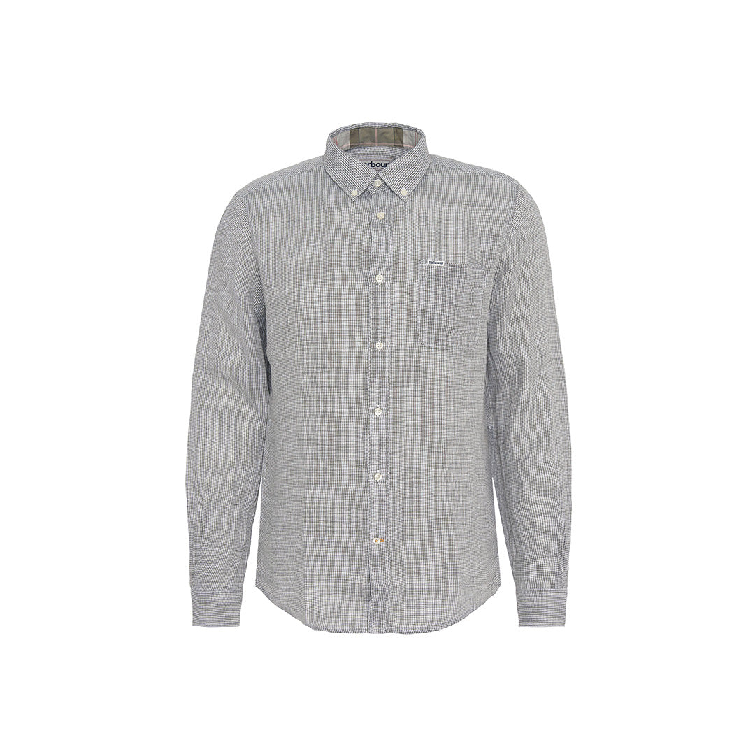 The Barbour Linton Tailored Shirt features a light gray micro houndstooth weave, long sleeves, chest pocket, and tailored fit, shown against a plain white background.
