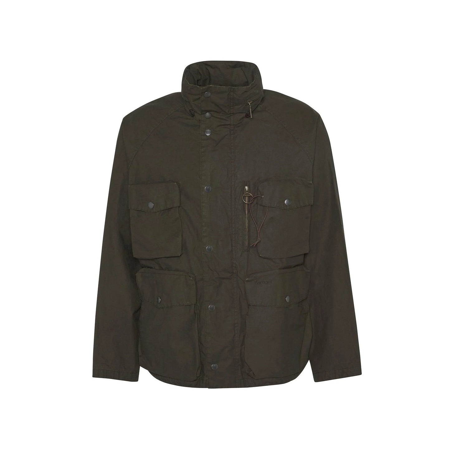 The Barbour Westmorland Showerproof Jacket in dark green features a high collar, four front pockets with two buttoned chest pockets, perfectly crafted for countryside living with its functional details.