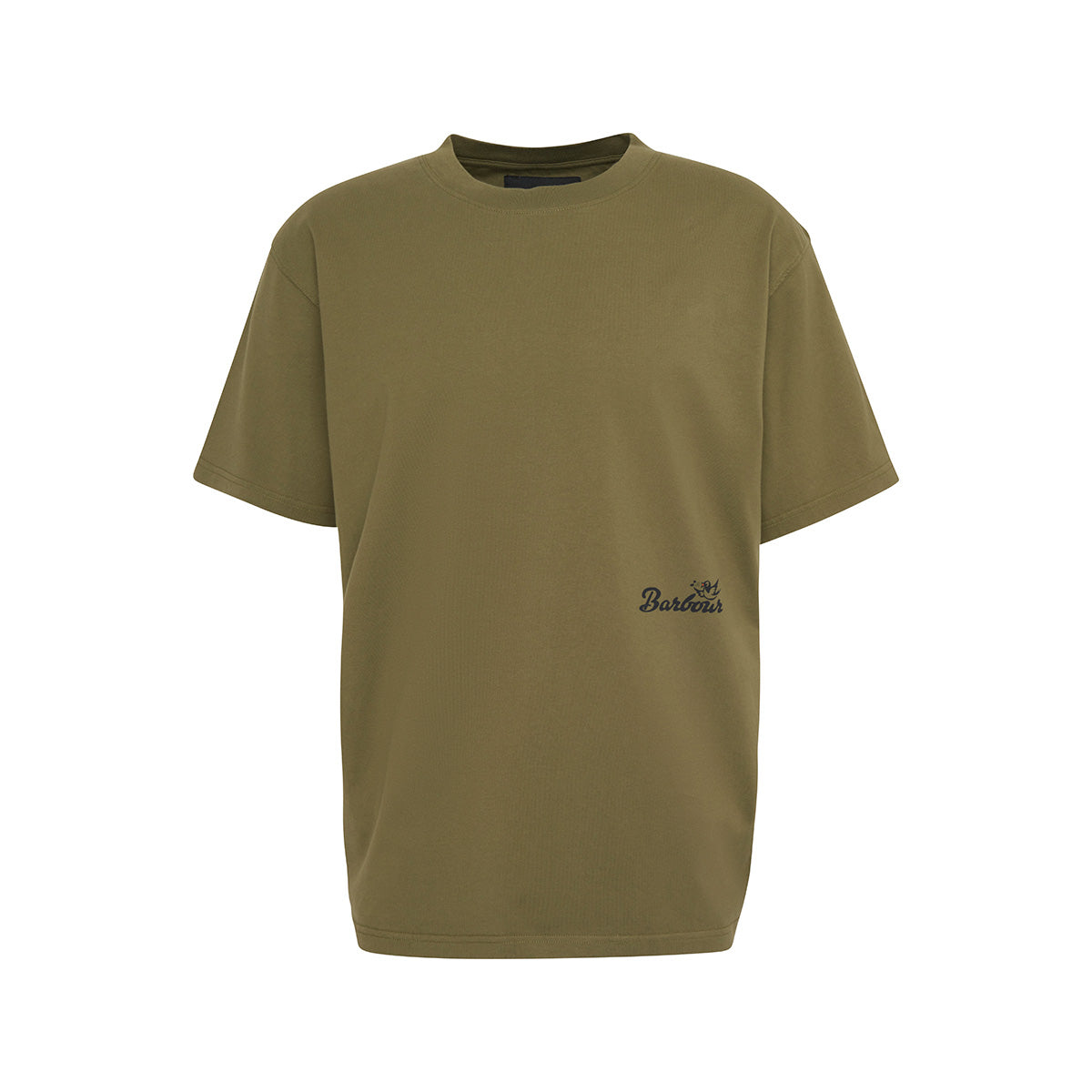 Barbour's Regence Graphic T-Shirt in olive green features a round neckline, short sleeves, and a small archive-inspired embroidered design on the left side.