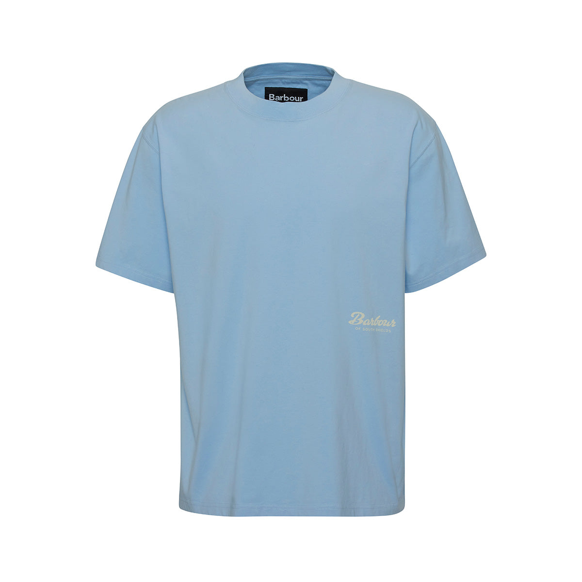 The Barbour Newclyde Graphic T-Shirt features a round neckline and showcases the brand name subtly in small, white text on the lower left. This oversized, archive-inspired light blue shirt blends classic style with contemporary design.