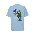 A cartoon man with a bird on his arm, wearing a jacket and hat, is printed on the light blue Barbour Newclyde Graphic T-Shirt. The text reads "Barbour - Sir Fisher the Hawk - by R. Derwent.