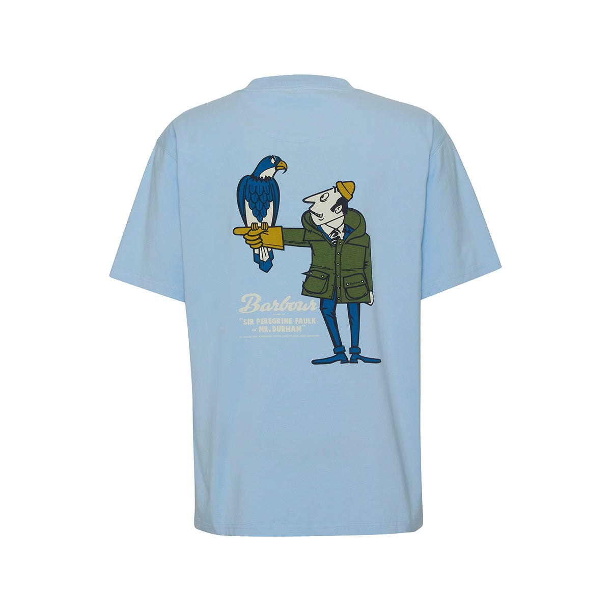 A cartoon man with a bird on his arm, wearing a jacket and hat, is printed on the light blue Barbour Newclyde Graphic T-Shirt. The text reads "Barbour - Sir Fisher the Hawk - by R. Derwent.