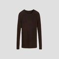 Set against a light gray backdrop, the Aiayu Madigan Ribbed Cashmere LS sweater exudes sophistication with its plain, dark brown hue and ribbed texture.