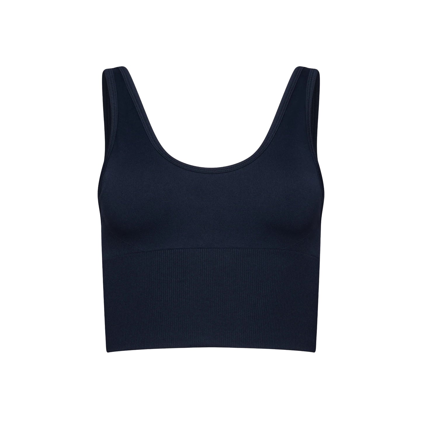 Front view of the Marie Top by Halfdays, a black sleeveless crop with a scoop neckline against a white background, made from performance nylon for engineered compression.