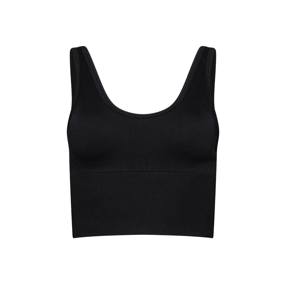 The Marie Top by Halfdays is a black sleeveless crop top featuring a scoop neckline, made from performance nylon for an effortless fit, shown against a white background.
