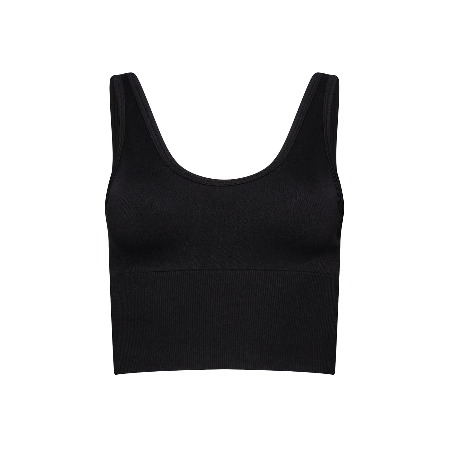 The Marie Top by Halfdays is a black sleeveless crop top featuring a scoop neckline, made from performance nylon for an effortless fit, shown against a white background.