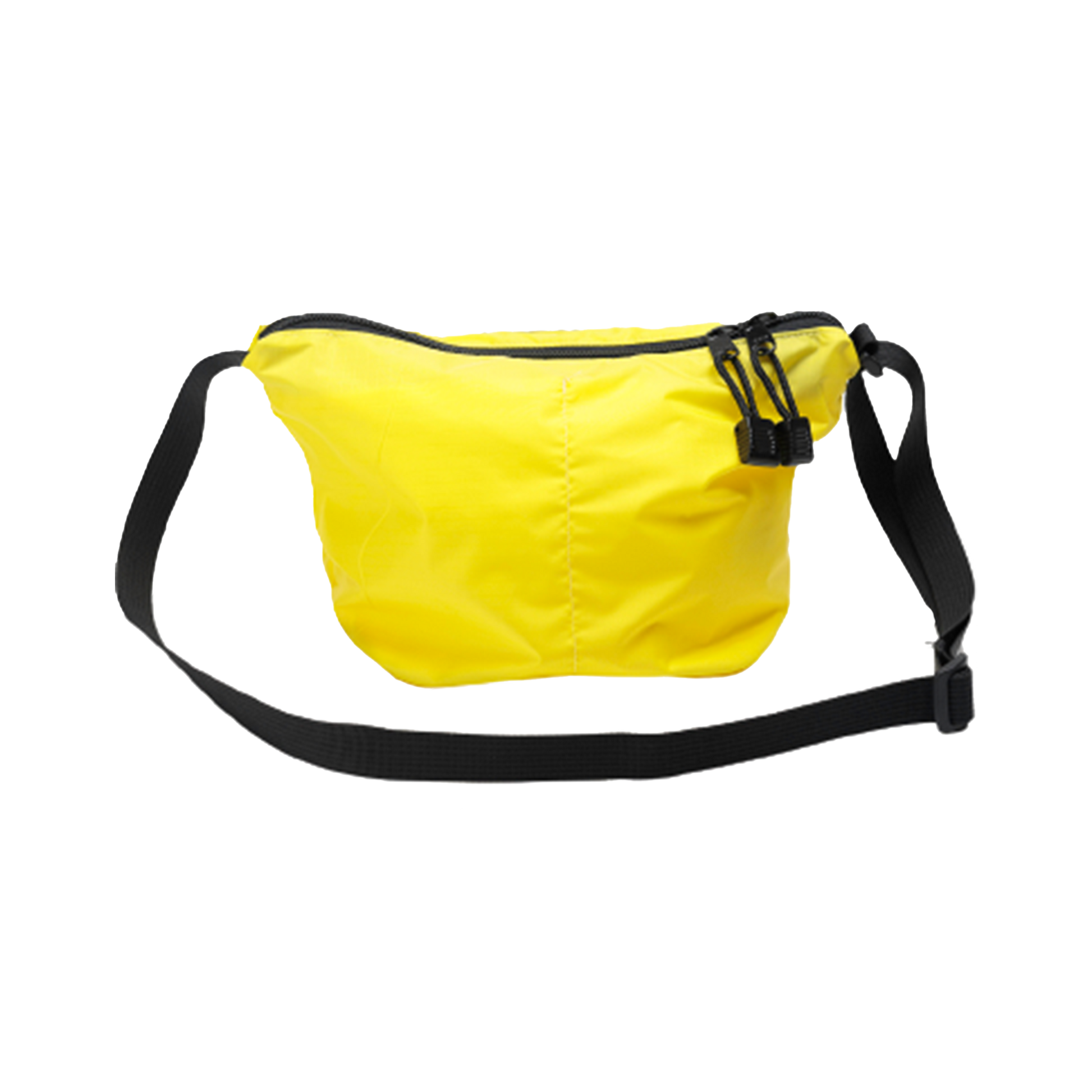 The Bags in Progress Micro Tote is a lightweight nylon bag in yellow, featuring a black adjustable strap and a zipper closure, set against a white background.