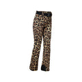 Goldbergh's Minou Ski Pants in the Jaguar pattern feature a leopard print design with a black belt. Displayed on a plain white background, these chic pants combine breathable fabric for unbeatable style and comfort.
