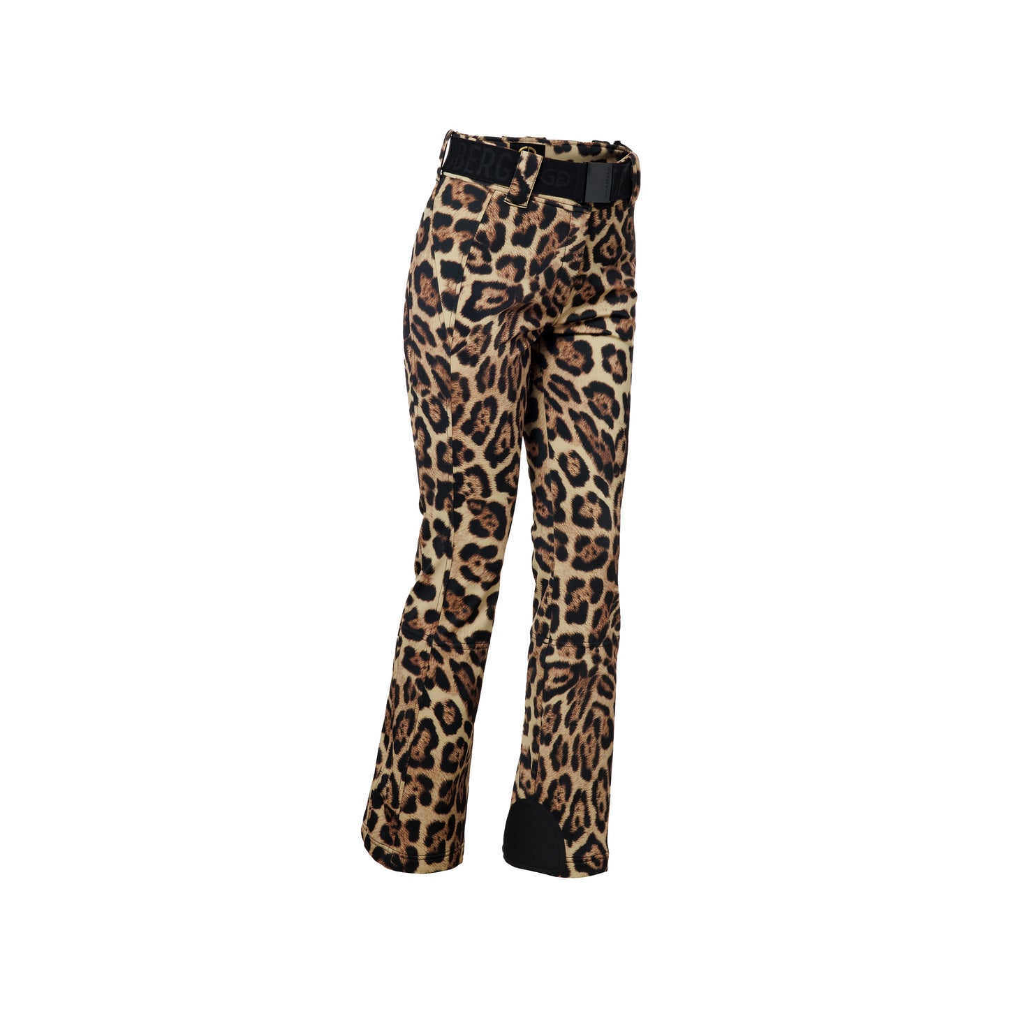 Goldbergh's Minou Ski Pants in the Jaguar pattern feature a leopard print design with a black belt. Displayed on a plain white background, these chic pants combine breathable fabric for unbeatable style and comfort.
