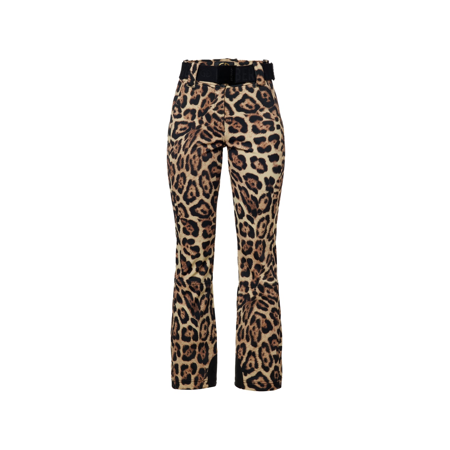 Goldbergh's Minou Ski Pants in Jaguar print feature a black belt and are crafted from breathable fabric.
