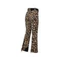 The Minou Ski Pants, Jaguar by Goldbergh are leopard print flared ski pants with a black belt and zipper details on the legs, made from breathable fabric for comfort and style, viewed from the back.