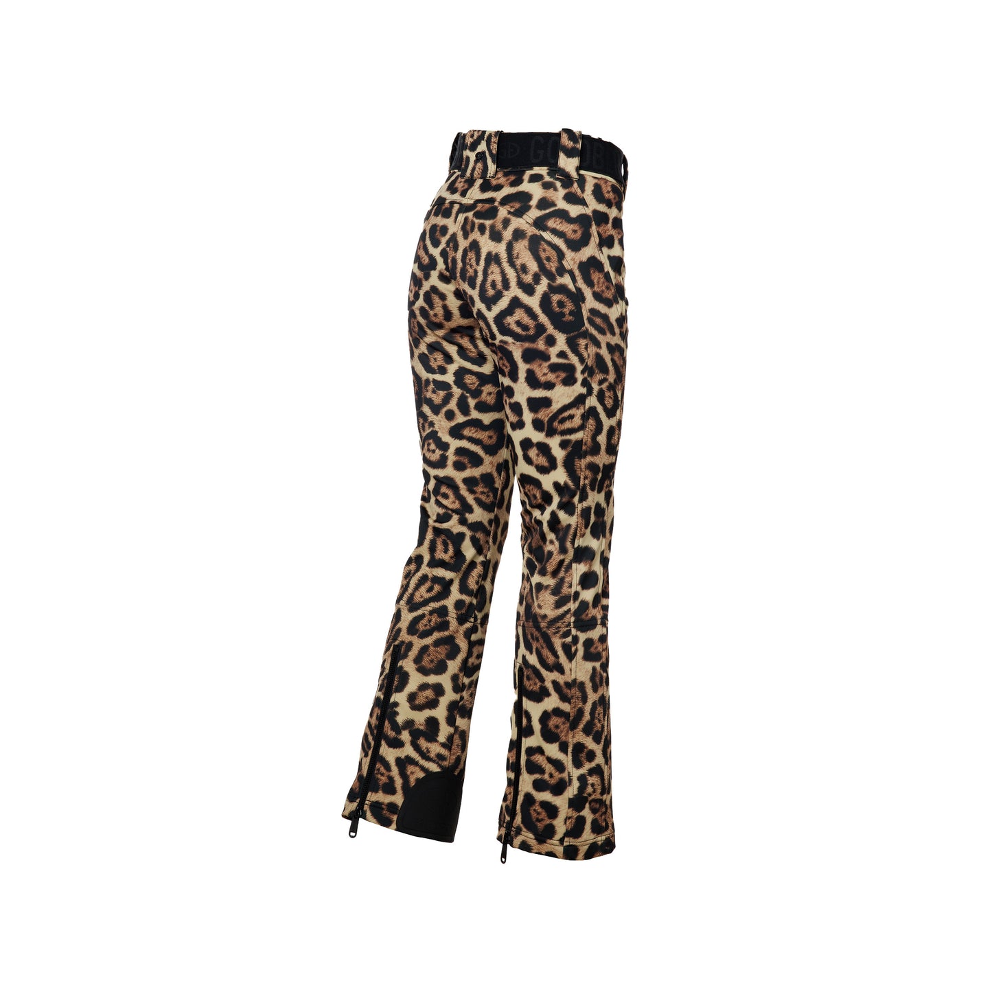 The Minou Ski Pants, Jaguar by Goldbergh are leopard print flared ski pants with a black belt and zipper details on the legs, made from breathable fabric for comfort and style, viewed from the back.