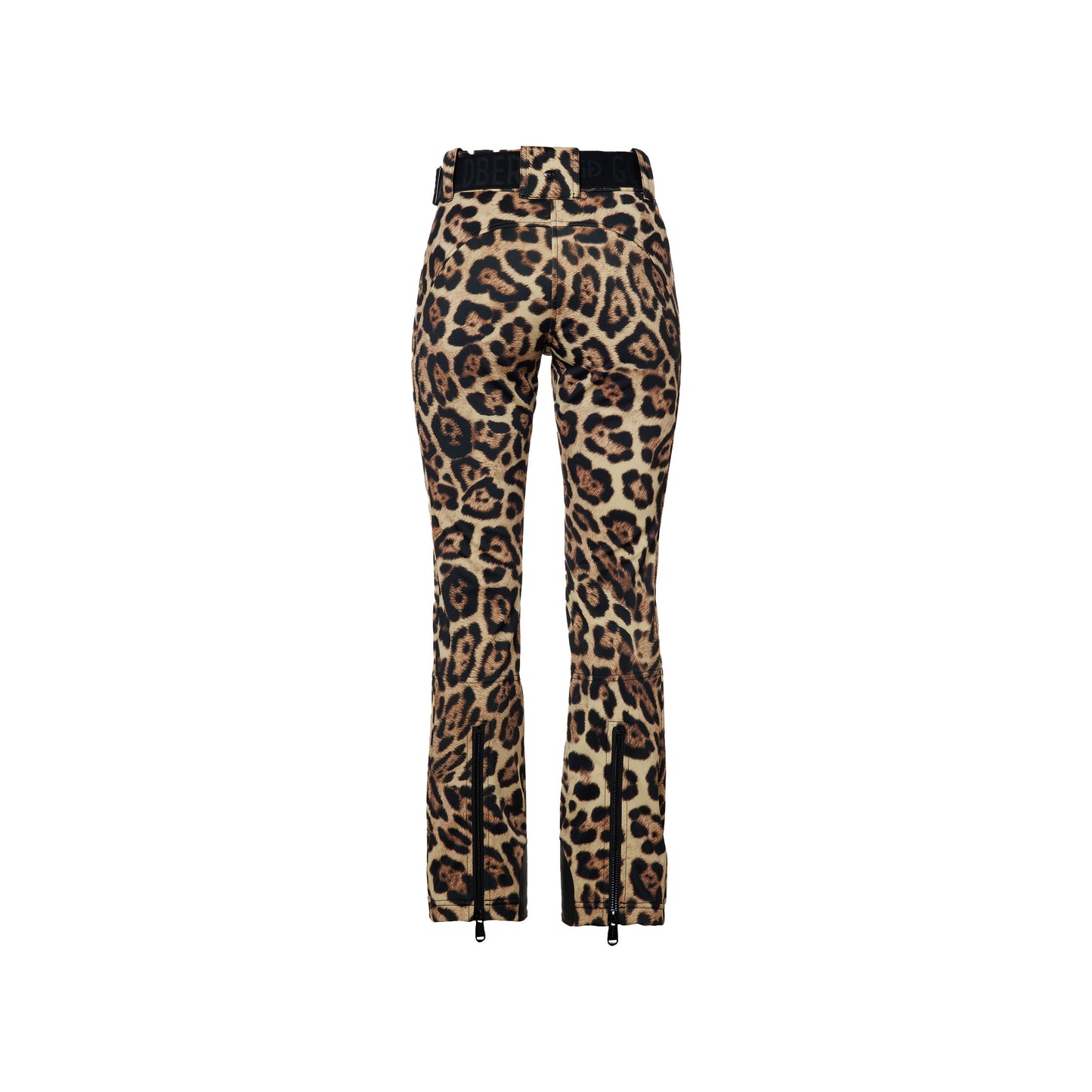 Goldbergh's Minou Ski Pants in Jaguar print feature a high waist, black belt, breathable fabric for comfort, and a stylish flared design with zippers at the bottoms for added functionality.