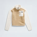 The North Face W Yumiori 1/4 Zip is a sustainably-designed, tan and white pullover made from recycled fleece. It features a quarter zip, stand-up collar, chest pocket, and The North Face logo on the left side.