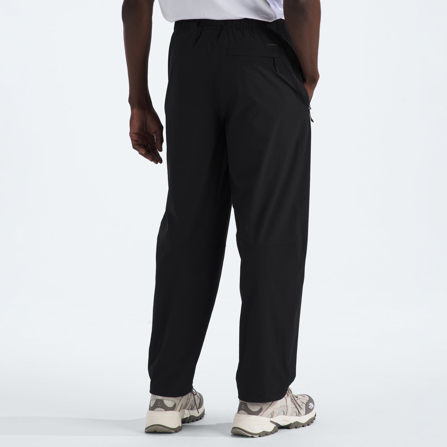 Rear view of a person wearing The North Face M North Dome Wind Pant in black and white sneakers, standing with one hand in a pocket against a plain background.